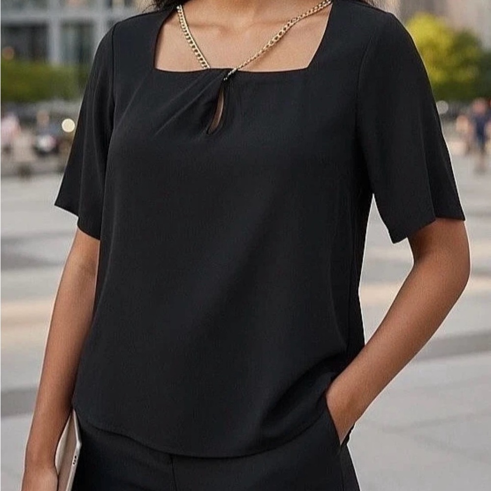 Michael Kors Black Blouse with Gold Chain Detail M